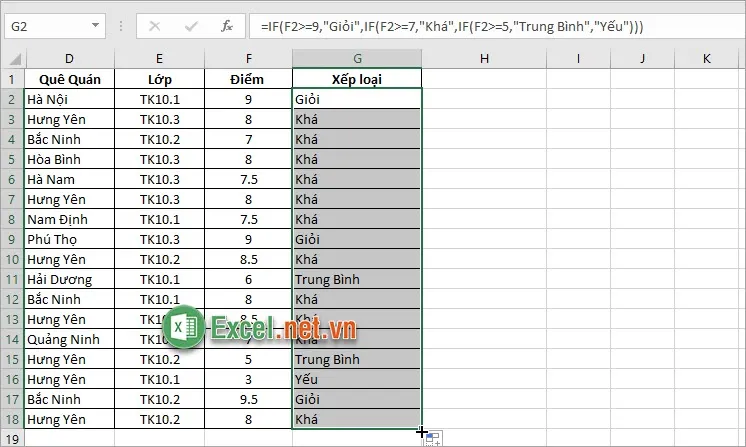 Sao chép công thức hàm IF 3 điều kiện xuống các ô phía dưới