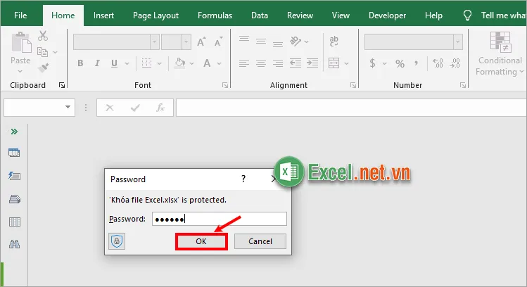 Mở file Excel cần mở khóa và nhập mật khẩu đã tạo để mở file Excel