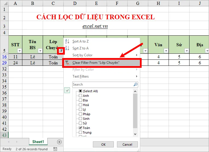 Xóa bộ lọc trong Excel