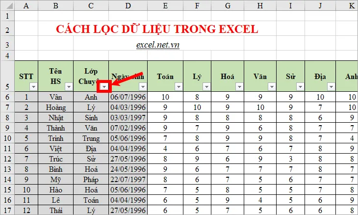 Chọn biểu tượng lọc cạnh tiêu đề cột muốn lọc