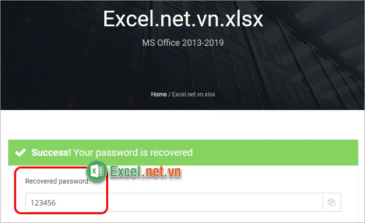 Khi mở file Excel bị khóa thành công trang sẽ hiển thị pass
