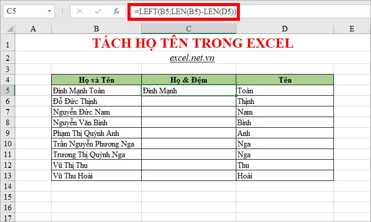 Nhập công thức hàm vào ô đầu tiên của cột Họ & Đệm