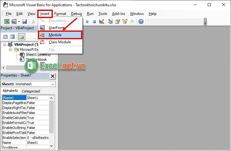 Trên cửa sổ Microsoft Visual Basic for Applications bạn chọn Insert → Module