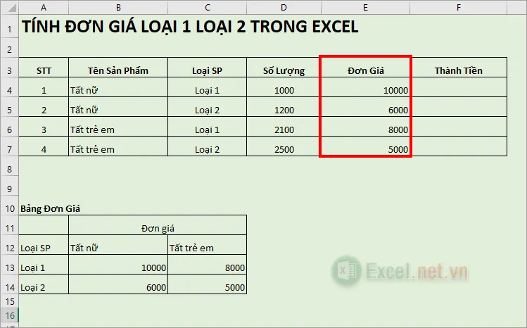 Cách tính đơn giá loại 1 loại 2 trong Excel
