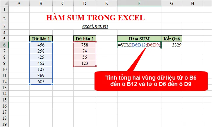 Sử dụng hàm SUM tính tổng các ô không liền kề