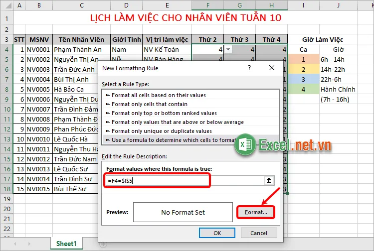 Nhập công thức trong ô Format values where this formula is true