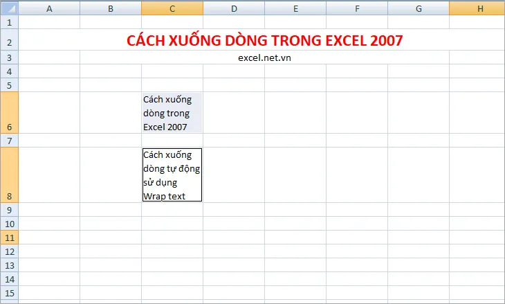 Ô được chọn sẽ được tự động xuống dòng