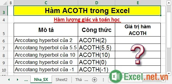 Hàm ACOTH trong Excel