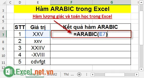Hàm ARABIC trong Excel 2