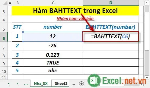 Hàm BAHTTEXT trong Excel 2