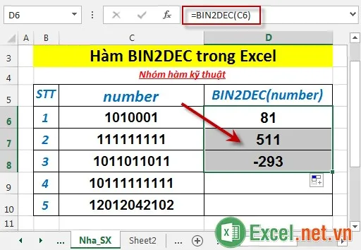 Hàm BIN2DEC trong Excel 4
