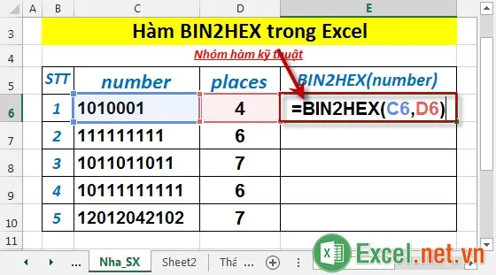 Hàm BIN2HEX trong Excel 2