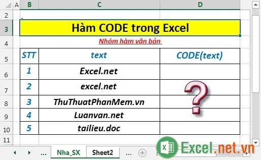 Hàm CODE trong Excel