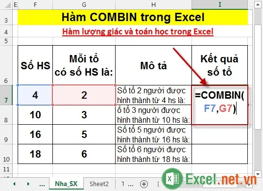 Hàm COMBIN trong Excel 2