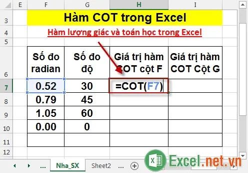 Hàm COT trong Excel 2