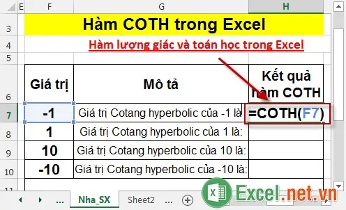 Hàm COTH trong Excel 2