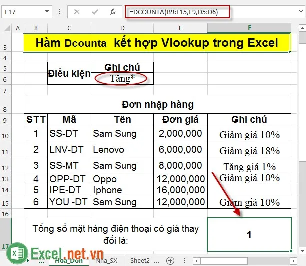 Hàm Dcounta kết hợp Vlookup trong Excel 5