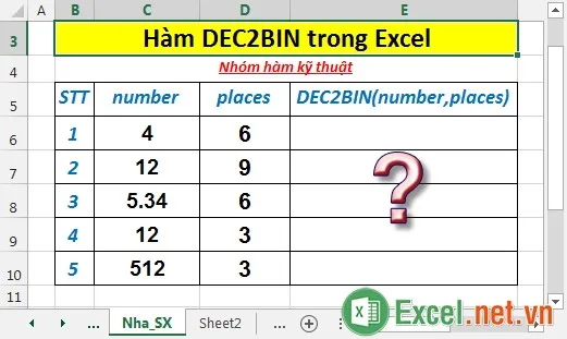 Hàm DEC2BIN trong Excel
