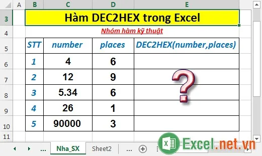 Hàm DEC2HEX trong Excel