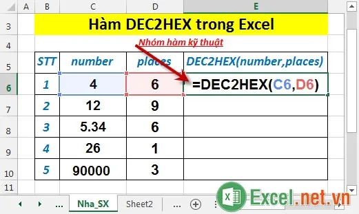 Hàm DEC2HEX trong Excel 2