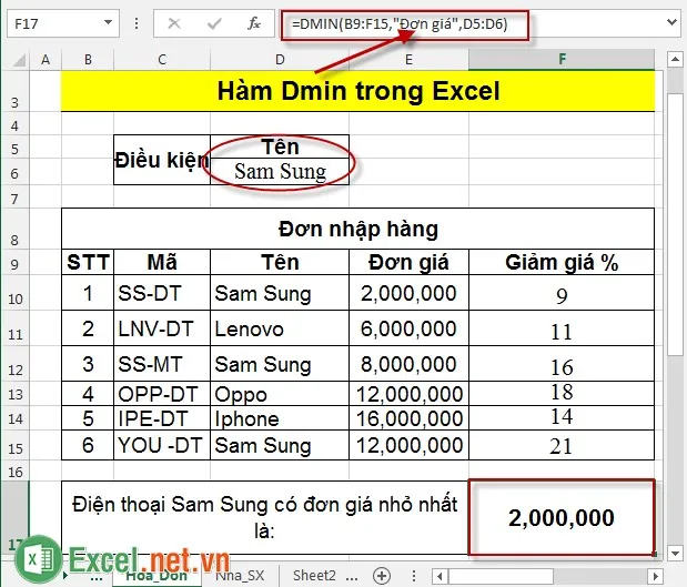 Hàm Dmin trong Excel 4