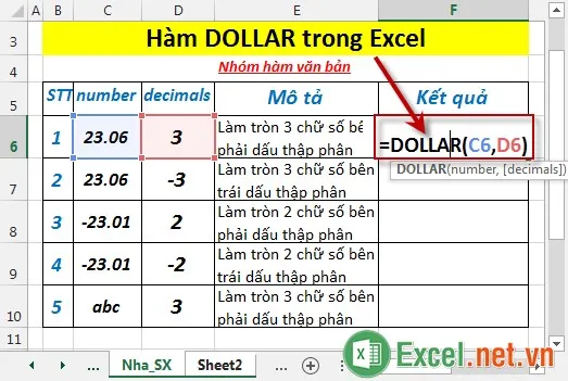 Hàm DOLLAR trong Excel 2