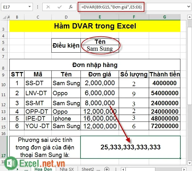 Hàm DVAR trong Excel 4