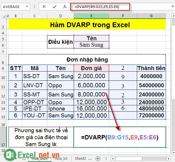 Hàm DVARP trong Excel 2