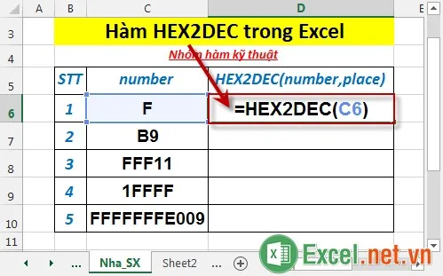 Hàm HEX2DEC trong Excel 2