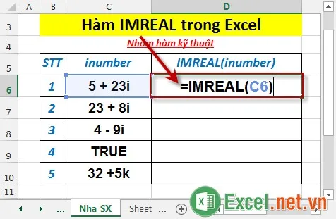 Hàm IMREAL trong Excel 2