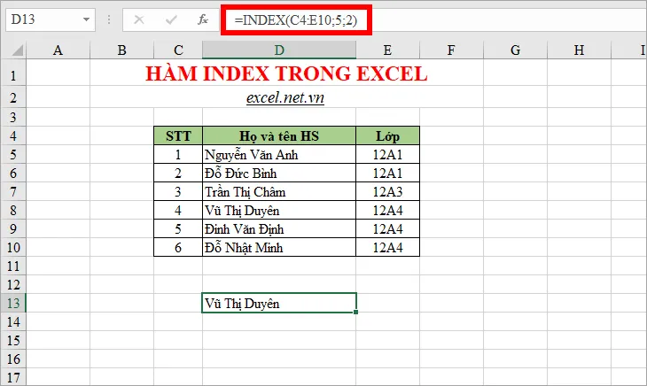Sử dụng hàm INDEX để tìm giá trị biết chỉ số hàng và chỉ số cột