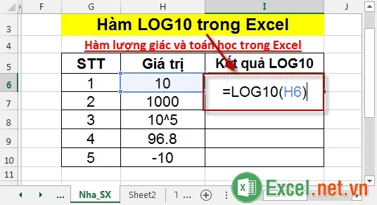 Hàm LOG10 trong Excel 2