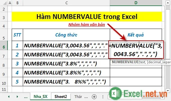 Hàm NUMBERVALUE trong Excel 2