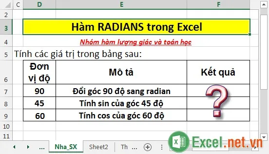 Hàm RADIANS trong Excel