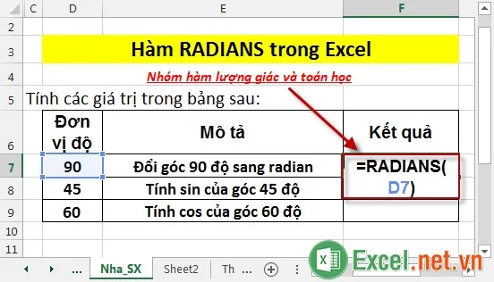 Hàm RADIANS trong Excel 2