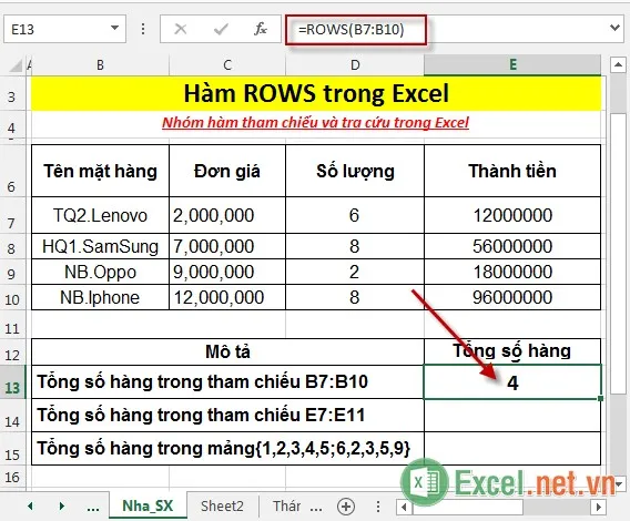 Kết quả tổng số hàng của tham chiếu