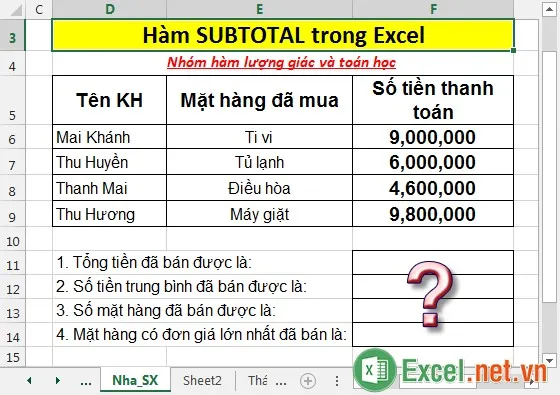 Hàm SUBTOTAL trong Excel