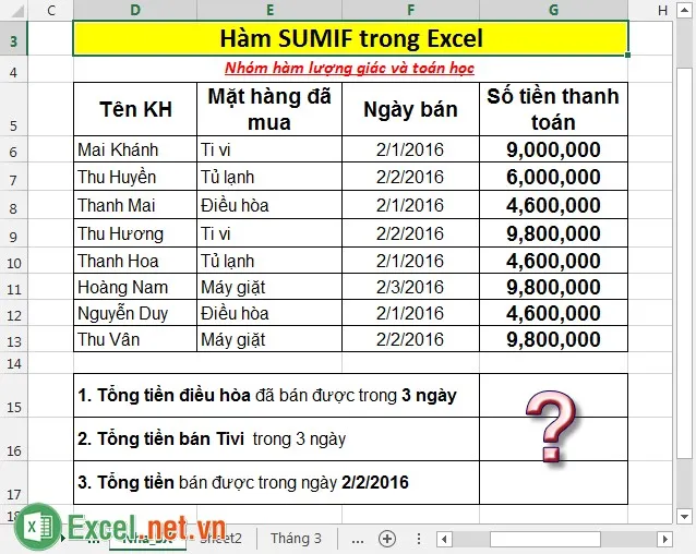 Hàm SUMIF trong Excel