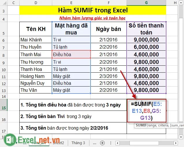 Hàm SUMIF trong Excel 2