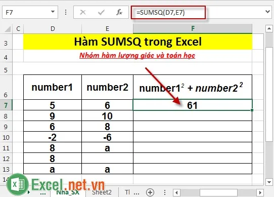 Hàm SUMSQ trong Excel 3