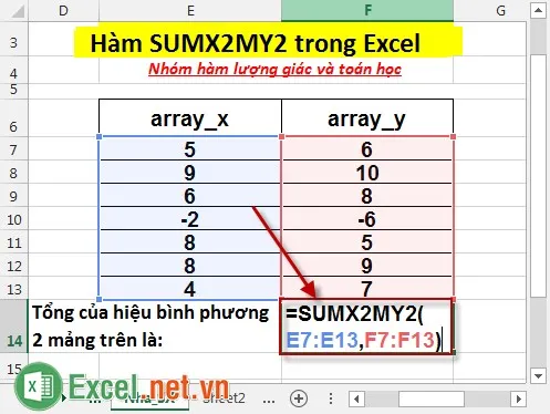 Hàm SUMX2MY2 trong Excel 2