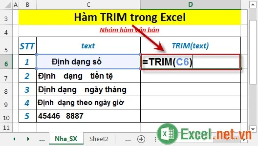 Hàm TRIM trong Excel 2
