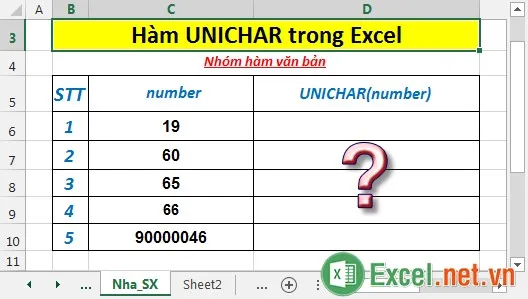 Hàm UNICHAR trong Excel