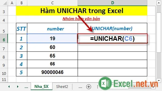 Hàm UNICHAR trong Excel 2