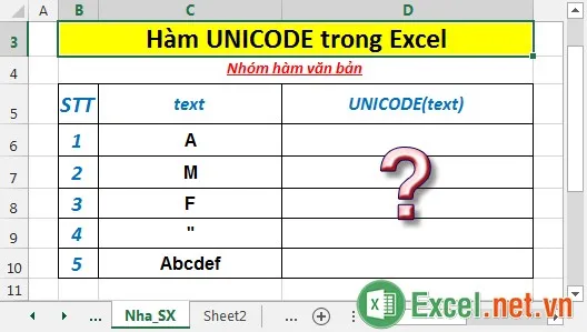 Hàm UNICODE trong Excel