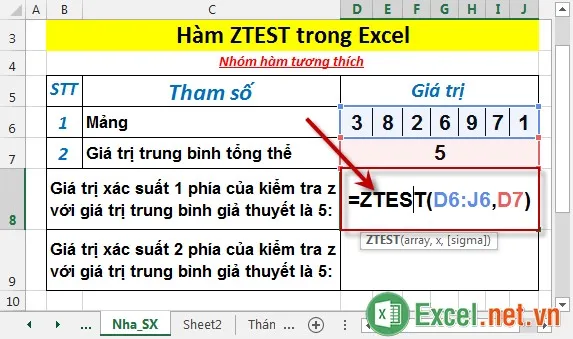 Hàm ZTEST trong Excel 2