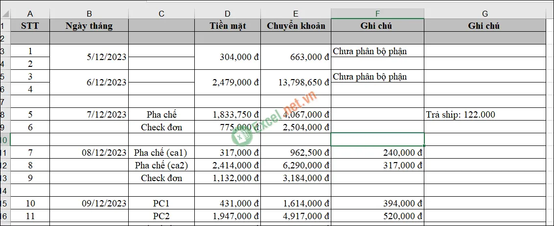 Mẫu file Excel thu chi đơn giản