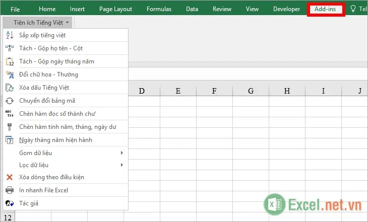 Như vậy trên giao diện Excel sẽ thấy phần Add-Ins vừa được chọn